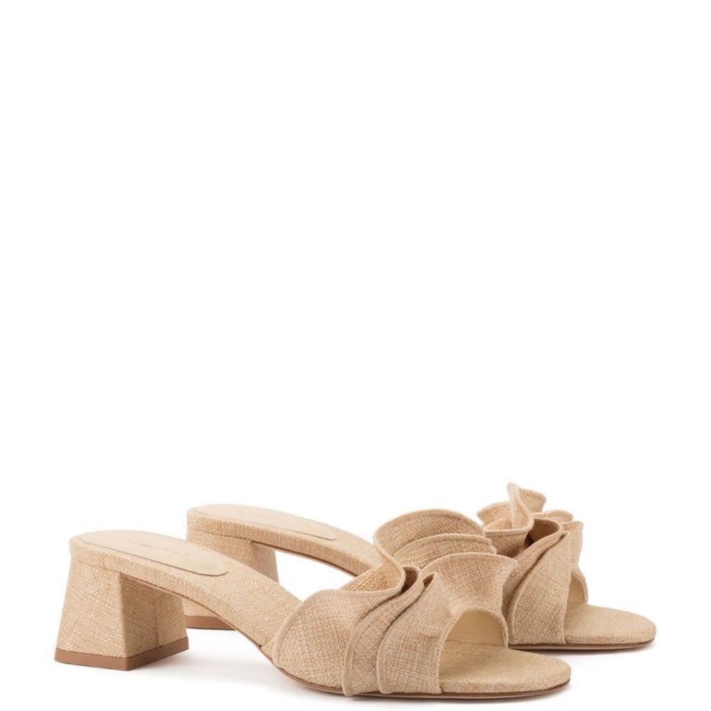 Larroude Ruffled Slide Sandals in Natural Tan - Picture 2 of 7